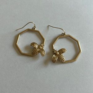 Gold, bumble bee, earrings, hoops, hexagon